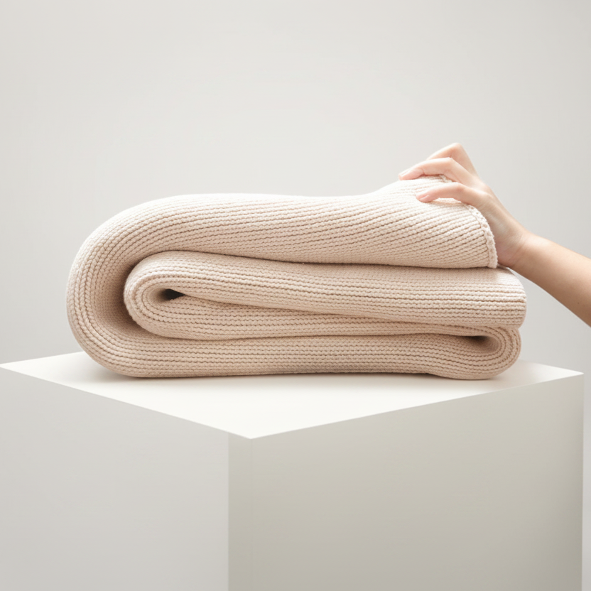 Folded beige weighted blanket being held by a hand on a white surface